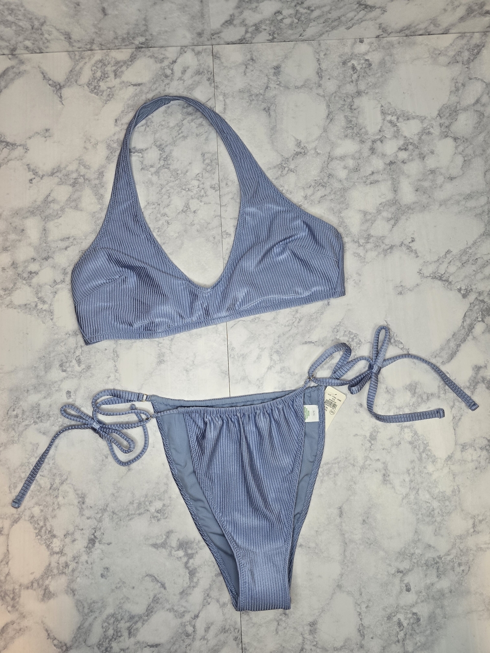 aerie Blue Shine Rib Bikini Set Halter Top Cheekiest Bottoms XL
